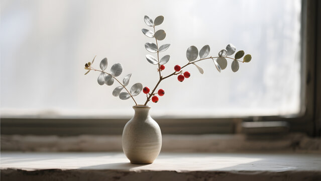 colorimetry. Silverberry branches with silvery leaves and red berries in a ceramic vase. gardening catalogs, home-decor guides, designed for home decor and floral branding, used by sports marketers.