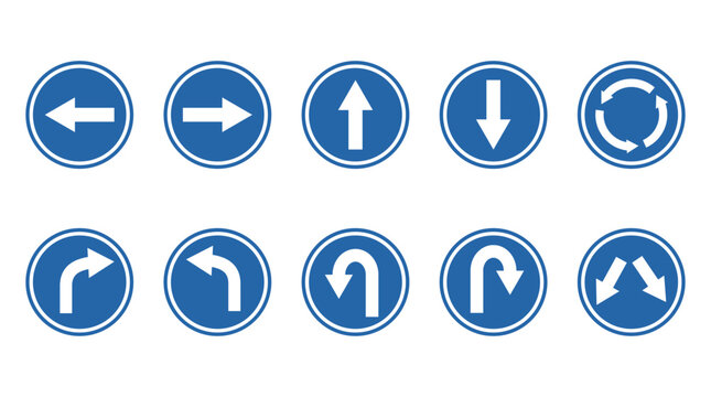 Blue Traffic Direction Sign Set &ndash; Left Right Straight U Turn and Roundabout Symbols.