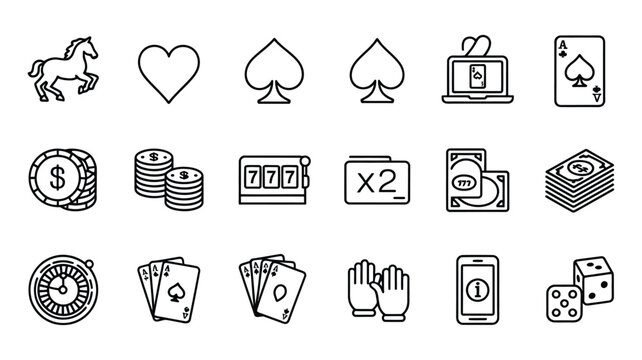 Casino and Gambling Line Icons Collection Isolated on White Background
