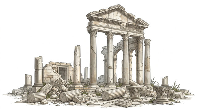 Ancient Roman Temple Ruins Illustration.