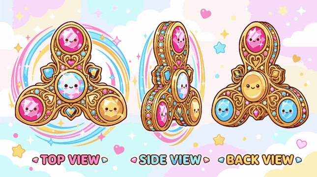Cute magical golden fidget spinner toy with colorful gem faces.