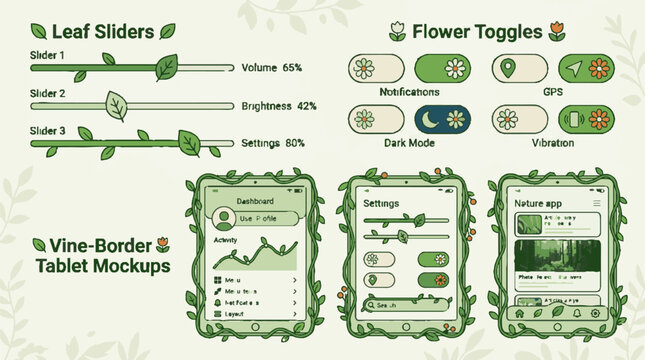 Cute Nature Themed UI Kit with Leaf Sliders and Flower Toggles.