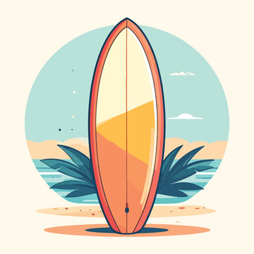 Surfboard standing on sandy beach.