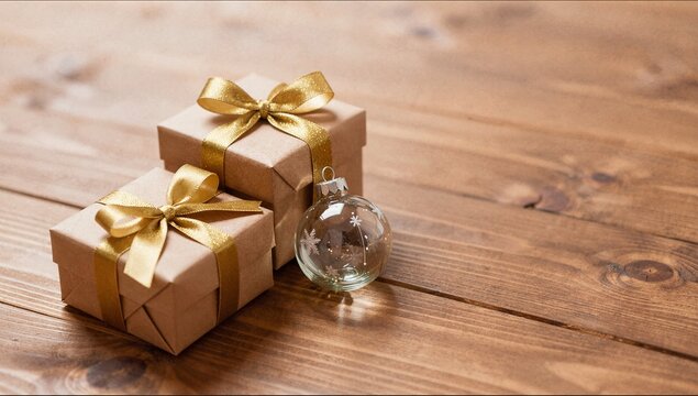 Horizontal banner of craft gift boxes with gold ribbons and Christmas bauble on wooden table for seasonal holiday sale advertising