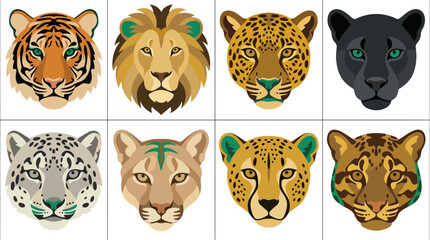 Set of six wild big cat faces in flat cartoon style illustration © Kaka
