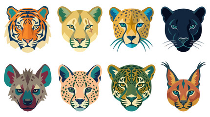 Watercolor illustration of big cat faces in vibrant colors and patterns © Kaka