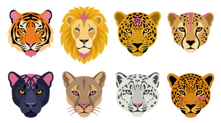 Set of six wild big cat head illustrations in circular frames © Kaka