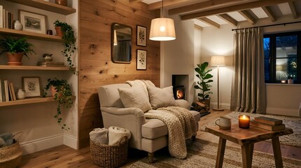 Fototapeta premium Cozy living room interior with fireplace and natural decor