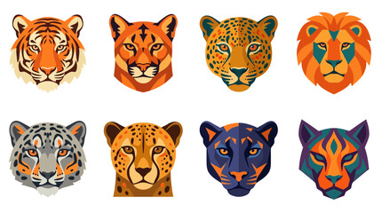 Set of six stylized wild cat head illustrations in vibrant colors © Kaka