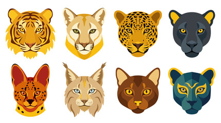 Naklejka premium Set of six wild cat faces in flat design style illustration