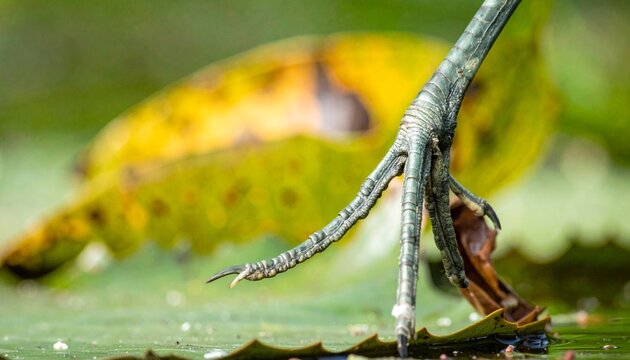 Close-up of Jacana bird walking on lily pads in tropical wetland