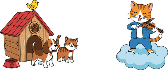 Illustrations of Cute Pets Including Dogs, Cats, Bird, and Musician Cat on Cloud for Animal and Fun Designs © sumi