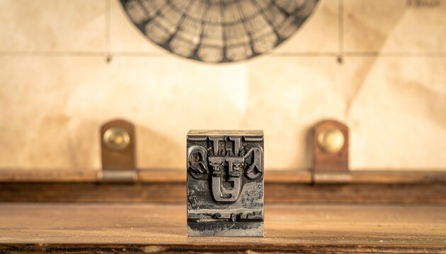 Close-up of vintage metal type casting matrix for letterpress printing