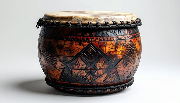 Close-up of handcrafted shaman drum with painted tribal symbols on hide