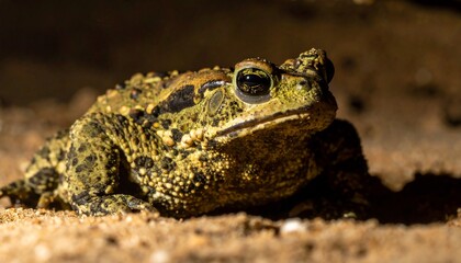 Obraz premium Close-up portrait of a rough-skinned frog on sandy ground at night
