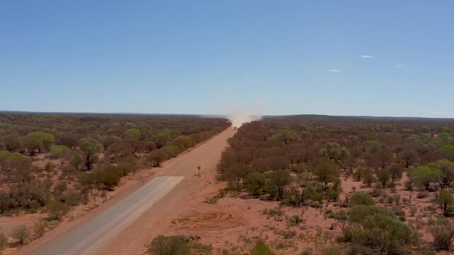 Road Train on the Gravel Road in the Outback, Goldfield Highway, Western Australia, aerial view