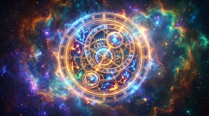 Obraz premium Intricate Celestial Zodiac Clock and Astrolabe Mechanism Floating in a Vibrant Cosmic Nebula