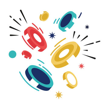 Stylized oval game tokens and abstract coins floating in mid-air with decorative starburst shapes on a clean white background, minimalist gaming concept