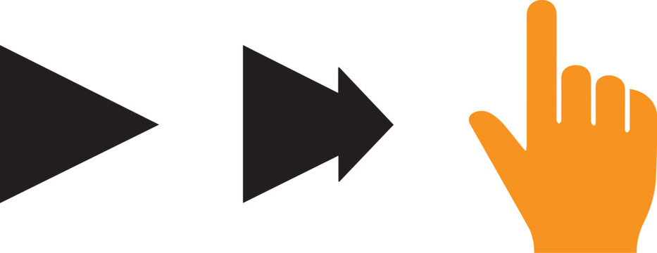 Black arrow pointing right, orange hand with extended index finger, flat style direction