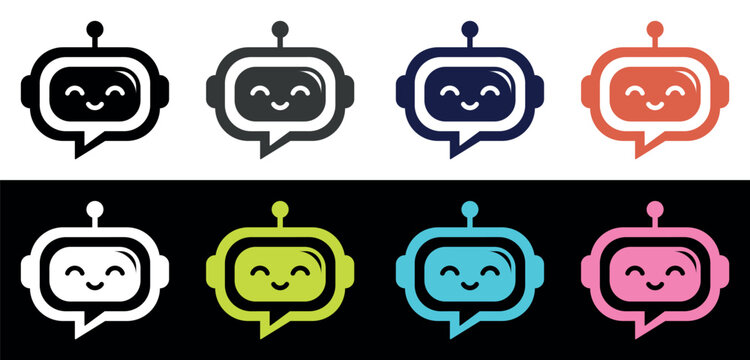 Minimal AI chatbot logo set in monochrome and one color styles with robot chat bubble icon for flexible branding, apps, support and tech services