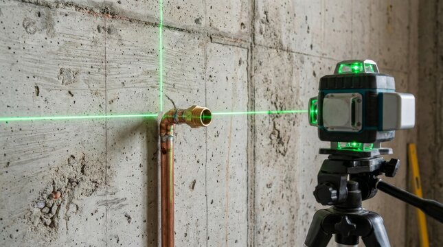 Laser level tool aligning pipes during concealed home renovation work