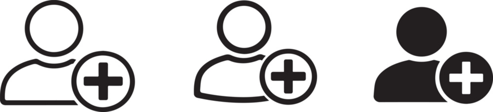 User add icon set with plus sign in outline and solid styles for signup and new members.