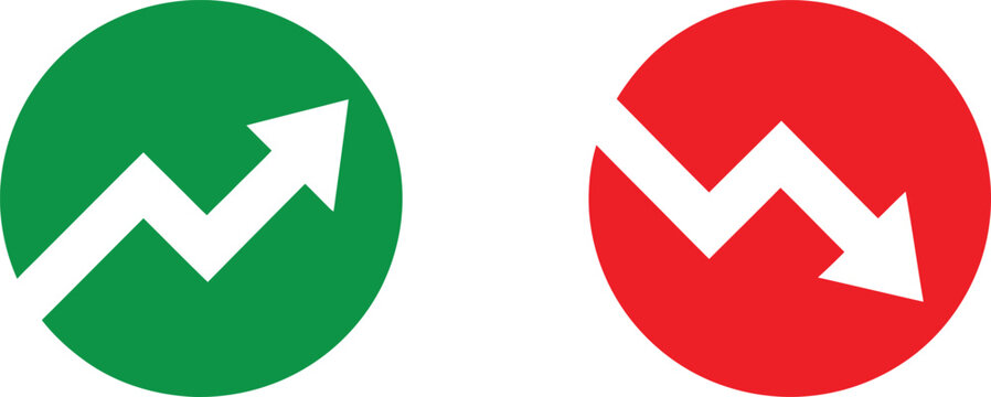 Green upward trend and red downward trend circular vector illustration.