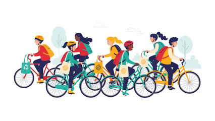 Fototapeta premium Diverse group of young people cycling together with eco-friendly bags