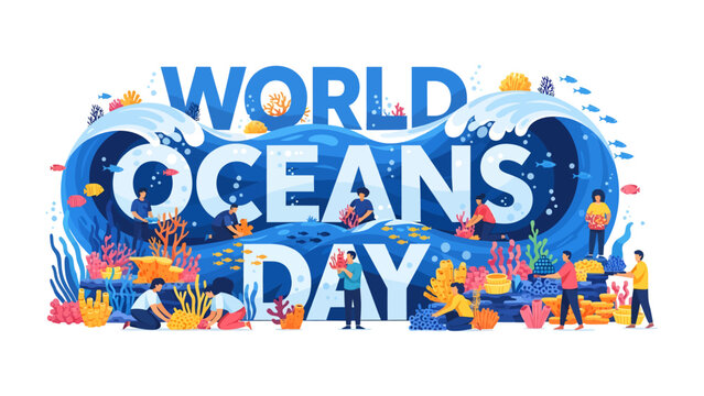World Oceans Day Celebration: A vibrant illustration celebrating World Oceans Day, featuring people interacting with a stylized ocean, coral reefs, and marine life.