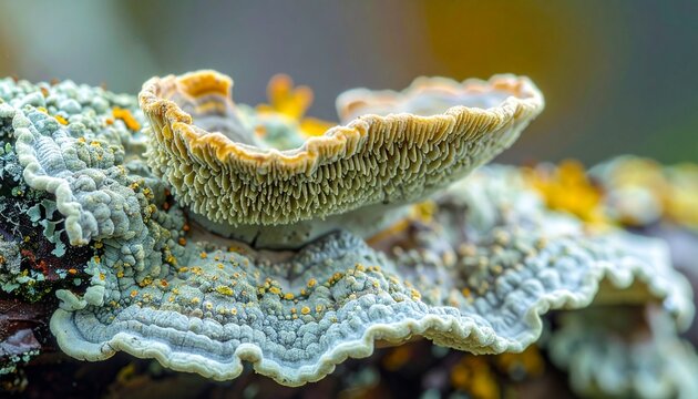 Close-up macro of crustose lichen with chalky thallus and apothecia discs on rock