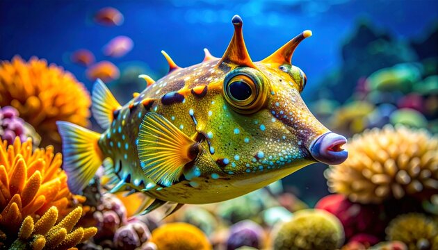 Close-up portrait of a yellow boxfish with horn-like spines in coral reef
