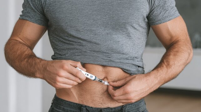 Individual injecting insulin into abdomen with pen device at home for diabetes management, healthcare treatment, medication administration, self care responsibility and chronic disease control