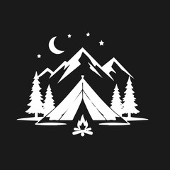 Obraz premium Night Camping Scene with Mountains, Tent, Campfire, Moon, and Stars