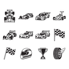 Fototapeta premium Racing car icons with checkered flags and trophy during sport competition on white background