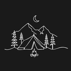 Obraz premium Minimalist Line Art Camping Scene at Night with Mountains, Tent, Campfire, and Moon