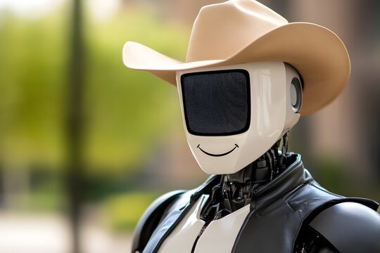 A detailed full body shot of a robot in cowboy attire, featuring a beige hat, a square screen head with a smiley face