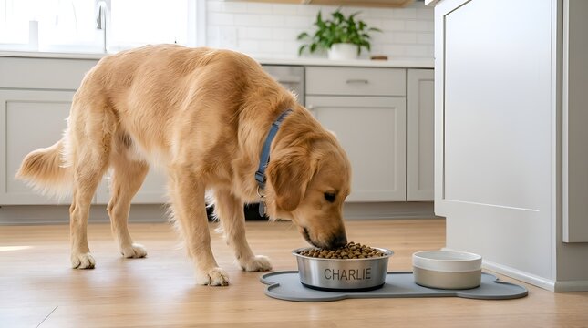 Golden retriever dog eating food from bowl in kitchen interior