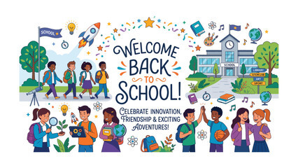 Fototapeta premium Welcome Back to School! A vibrant illustration celebrating the start of a new academic year, filled with diverse students, school buildings, and symbols of learning and fun.