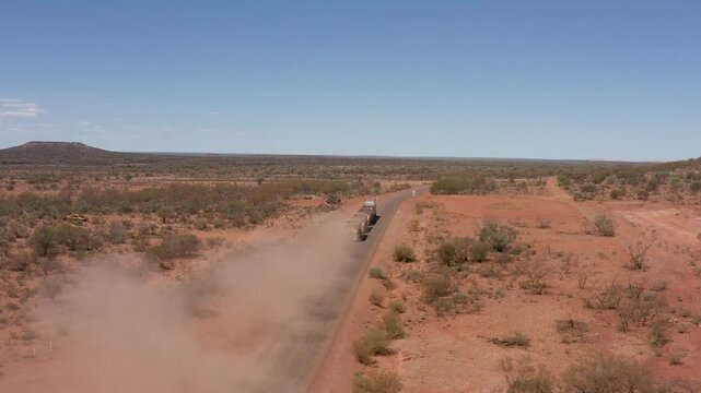 Mining Truck on the Highway in the Outback, Goldfields, Western Australia, Aerial View