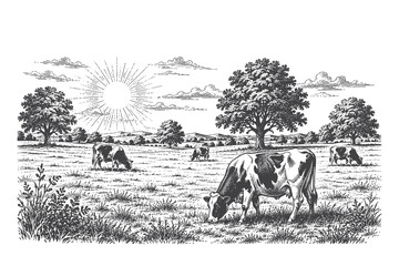 Rural countryside meadow vector illustration in detailed vintage engraving style featuring dairy cows grazing on grass under a dramatic rising sun burst © Chairul