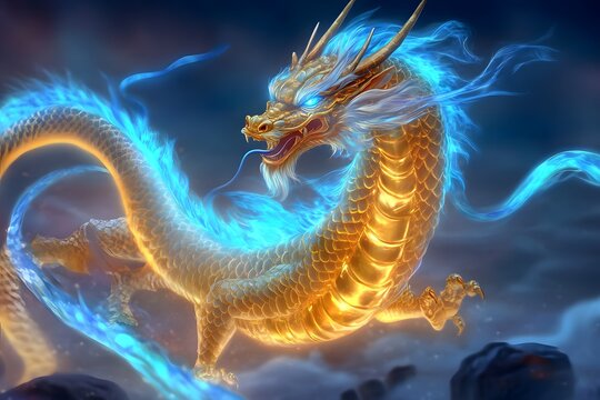A fantasy illustration of a golden dragon with blue glowing accents, depicted against a dark sky