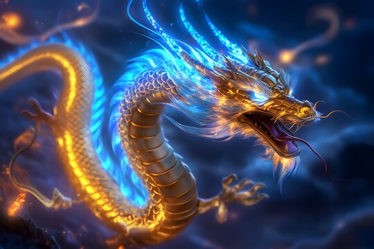 A fantasy illustration of a golden dragon with blue glowing accents, depicted against a dark sky