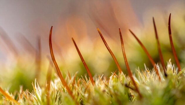 Close-up macro of Polytrichum commune moss with hair-like leaf blades in soft light