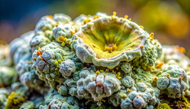 Close-up macro of crustose lichen with chalky thallus and apothecium disc
