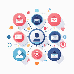 Fototapeta premium Flat lay illustration of a central user icon connected to various social media and communication symbols in a colorful, modern graphic design.