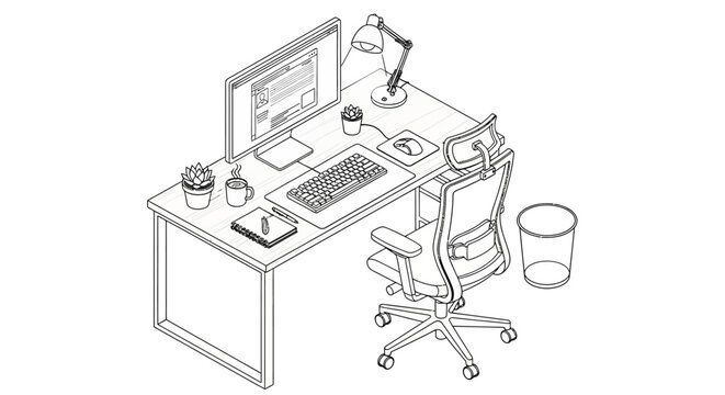 Isometric view of a clean desk setup with computer, chair, and desk accessories.