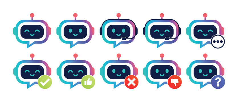 Cute AI chatbot mascot character set with friendly robot assistant expressions and support actions for apps, websites, customer service and UI design