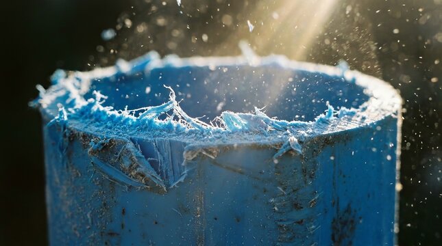 Close-up of rough cut blue plastic pipe with debris flying