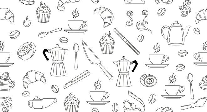 Seamless pattern with hand-drawn coffee and breakfast elements line art.