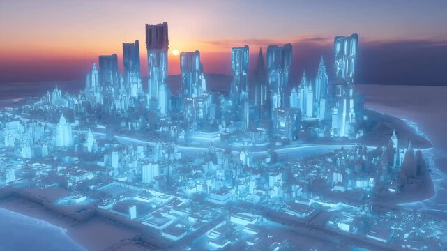 City futuristic with icy spiky skyscrapers and frozen landscape during sunset featuring urban, architecture, science fiction with cityscape and